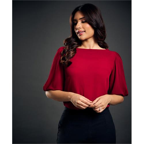 Sleeve Gathered Crepe Red Top