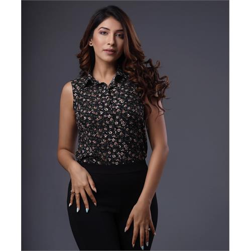 Sleeveless Classic Collared Shirt Black Blouse