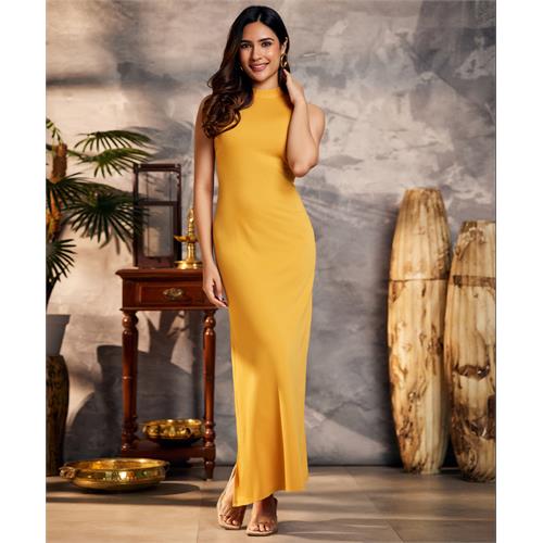 Sleeveless High Neck Mustard Maxi Dress