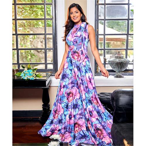 Sleeveless Neck Detailed Chiffon Printed Maxi Dress