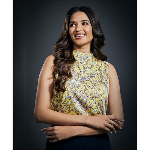 Sleeveless Printed Satin Top-Yellow Print