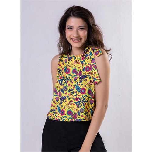 Sleeveless Printed Yellow Top With A Bow