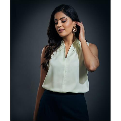 Sleeveless Satin Vneck Top - Light Green