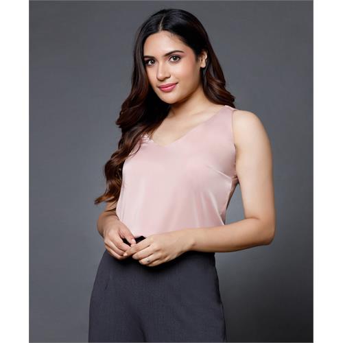 Sleeveless Vneck Satin Top -Beige