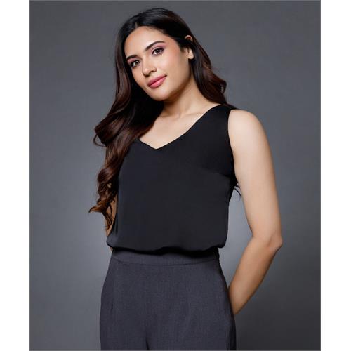 Sleeveless Vneck Satin Top-Black