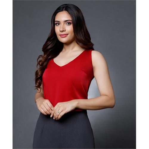 Sleeveless Vneck Satin Top-Dark Pink