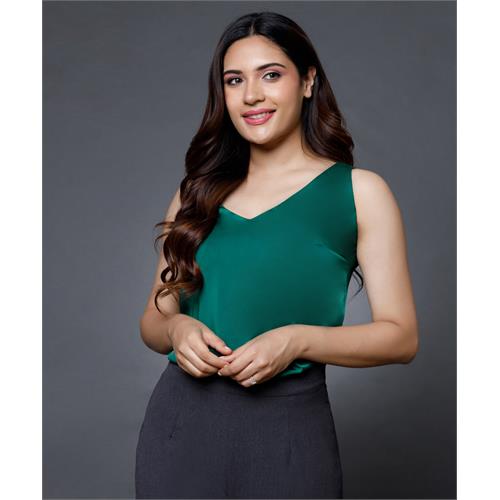 Sleeveless Vneck Satin Top-Green