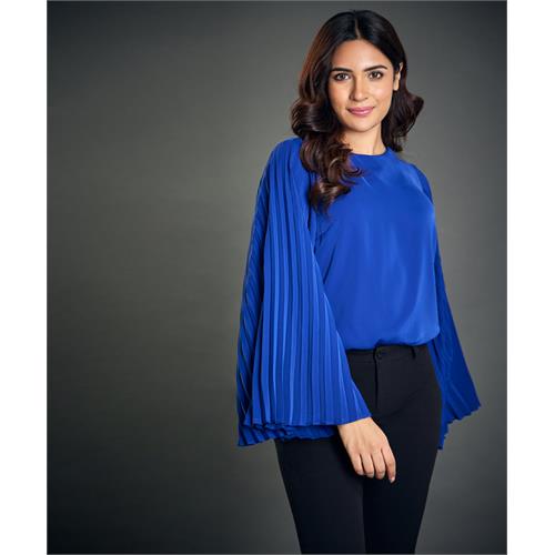 Sleeve Pleated Chiffon Royal Blue Top