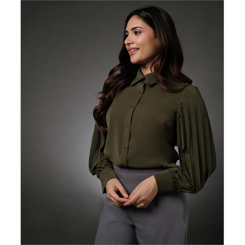 Sleeve Pleated Khaki Shirt Top