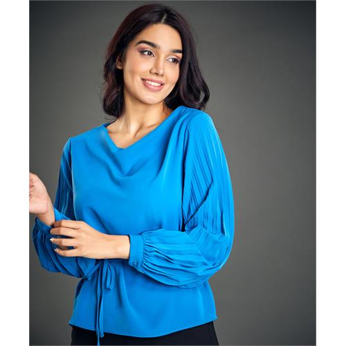 Sleeve Pleated Waist Tie Blue Top