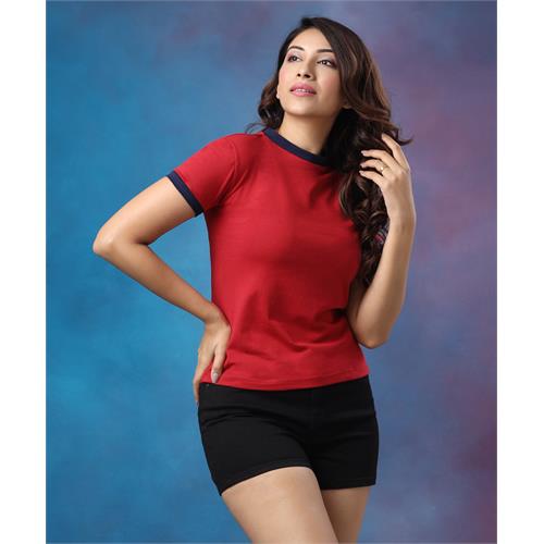 Sleeve Rib Neck Contrast Red Tshirt