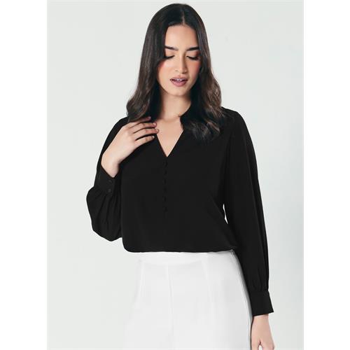 Slender V Neck Black Chiffon Top