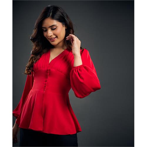 Solid Chiffon Vneck Front Slit Red Blouse