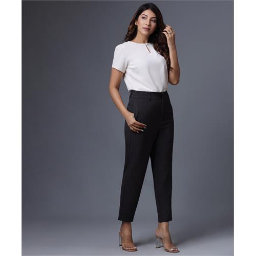 Solid High Waist Belted Grey Trousers