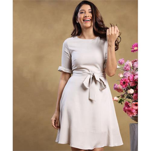 Solid Sleeve Flared Waist Belt Dress