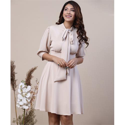 Solid Sweet Neck Tie Flared Dress