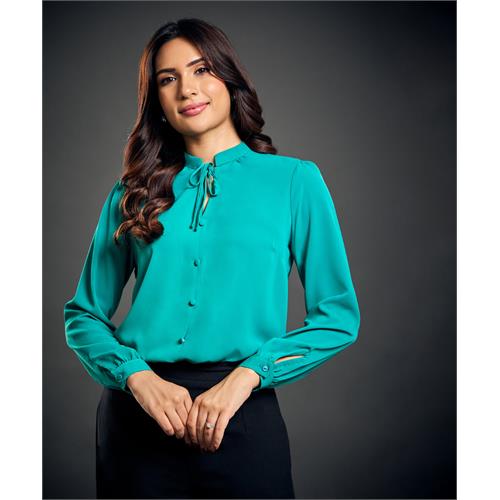 Solid Tie Neck Blouse-Green