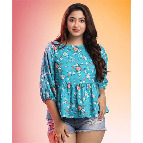 Split Sleeve Floral Peplum Blue Top