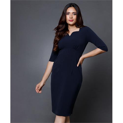 Sweetheart Neckline Sleeved Navy Dress