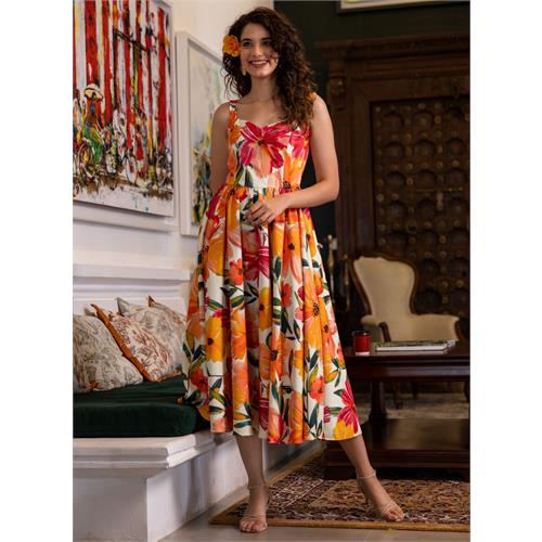 Sweetheart Neck Sleeve Tie Printed Dress