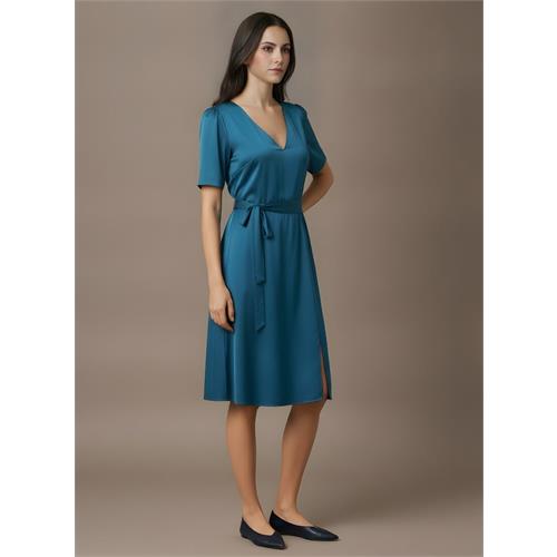 Teal Blue Satin Front Slit Dress