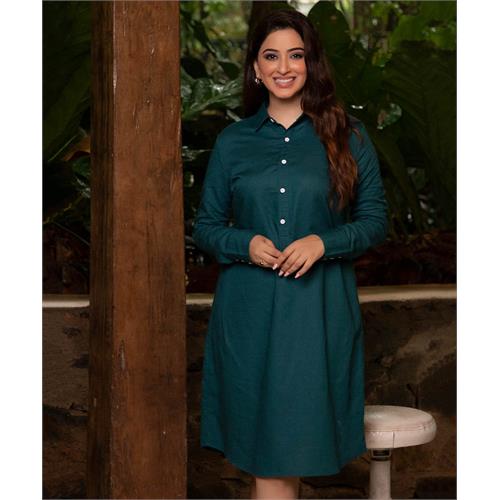 Teal Loose Fitted Shirt Linen Dress