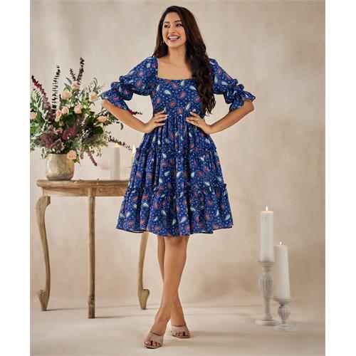 Tiered Back Tie Blue Printed Dress