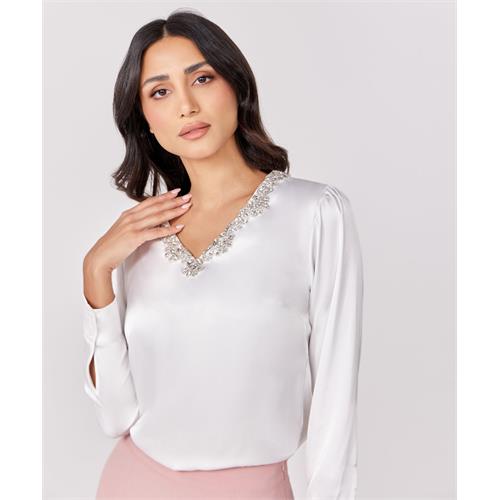 Trim Attached Long Sleeve White Top