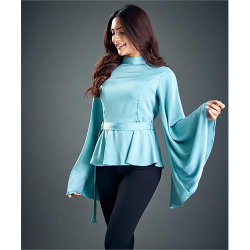 Trumpet Sleeve Light Blue Satin Blouse