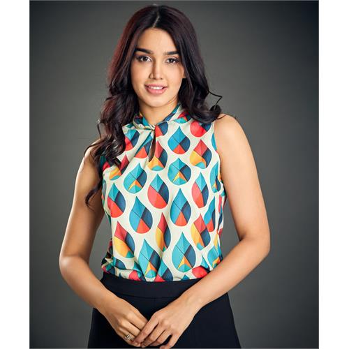 Twisted Neck Sleeveless Green Printed Top