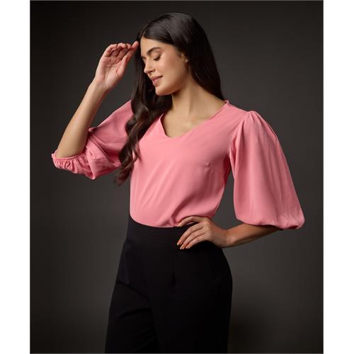 Vneck Balloon Half Sleeve Pink Top