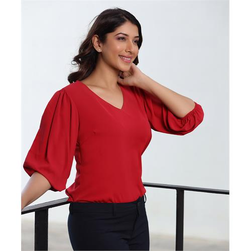 Vneck Balloon Sleeve Red Chiffon Top