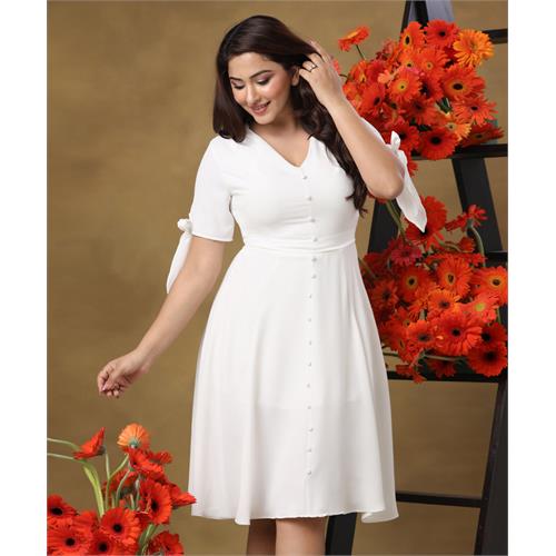 Vneck Buttoned Sleeve Tie White Dress