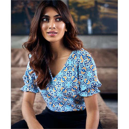 Vneck Chiffon Printed Half Sleeve Top