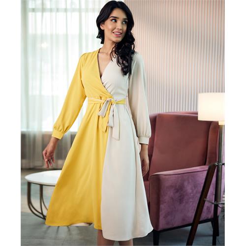 Vneck Colour Blocked Midi Chiffon Dress