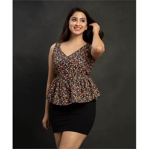 Vneck Fire Ditsy Printed Peplum Top