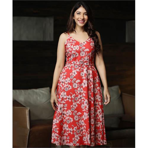 Vneck Floral Printed Ankle Length Dress