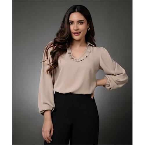Vneck Frilled Classic Collared Chiffon Top