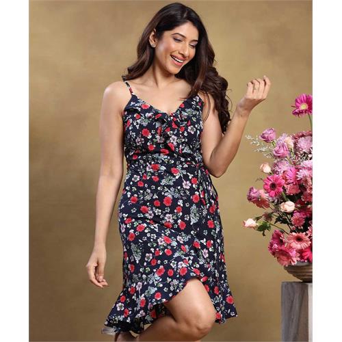 Vneck Frilled Floral Printed Strappy Dress