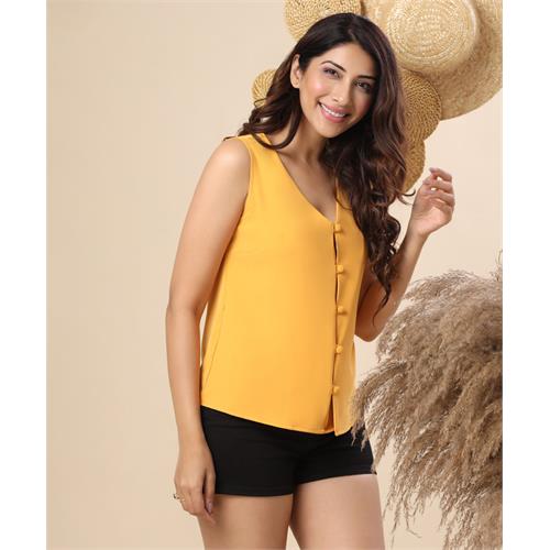 Vneck Front Buttoned Chiffon Mustard Top