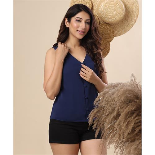 Vneck Front Buttoned Chiffon Navy Top