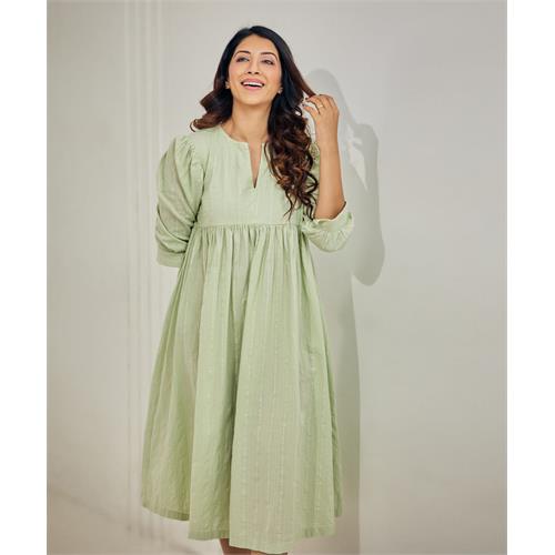 Vneck Gathered Sleeve Cotton Dress