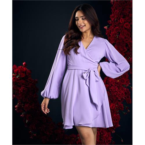 V Neck Lavender Lantern Sleeve Chiffon Dress