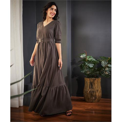 Vneck Linen Maxi Dress With Belt