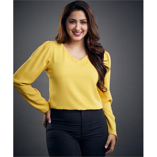 Vneck Long Sleeve Chiffon Yellow Top