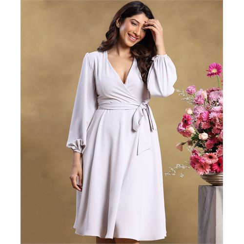 Vneck Midi Length Lantern Sleeve Dress