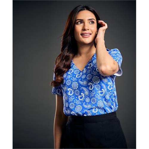 Vneck Shoulder Buttoned Blue Top