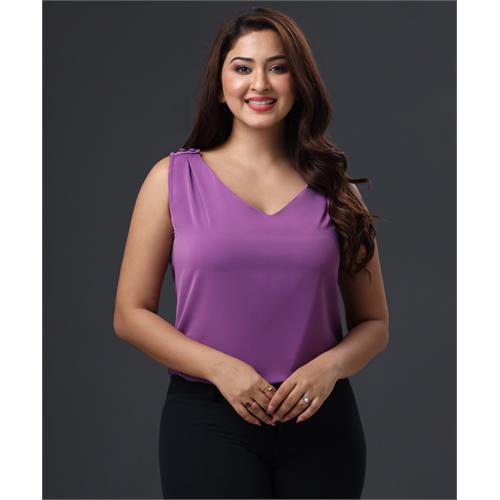 Vneck Shoulder Buttoned Purple Chiffon Top