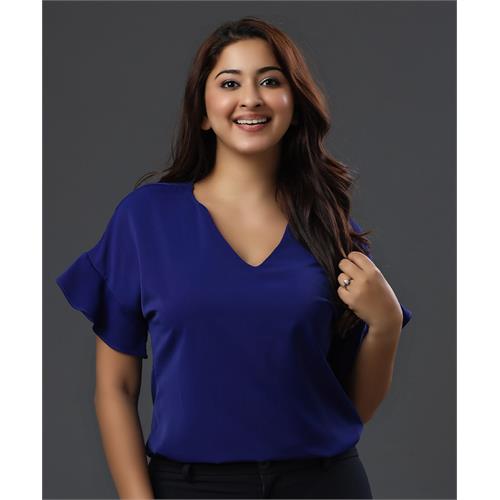 Vneck Sleeve Flared Blue Chiffon Top