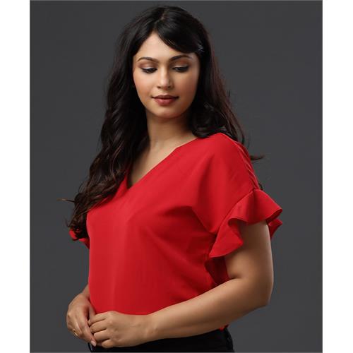 Vneck Sleeve Flared Red Chiffon Top